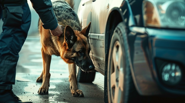 Dog inspecting a car.