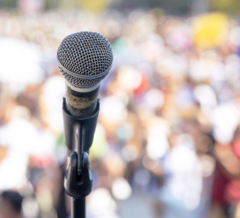 Microphone on stage at protest.