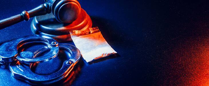 A bag of white powdering substance, handcuffs, and a gavel on a wooden table