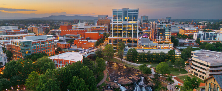 Aerial view of Greenville SC at sundown